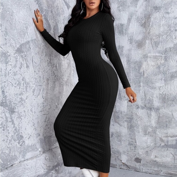 Sexy Solid Textured Pencil Fitted Bodycon Dress Black - Picture 4 of 6